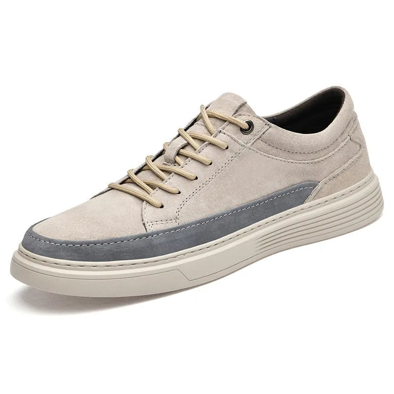 Men's grey casual leather skate shoes with rubber sole and lace-up design