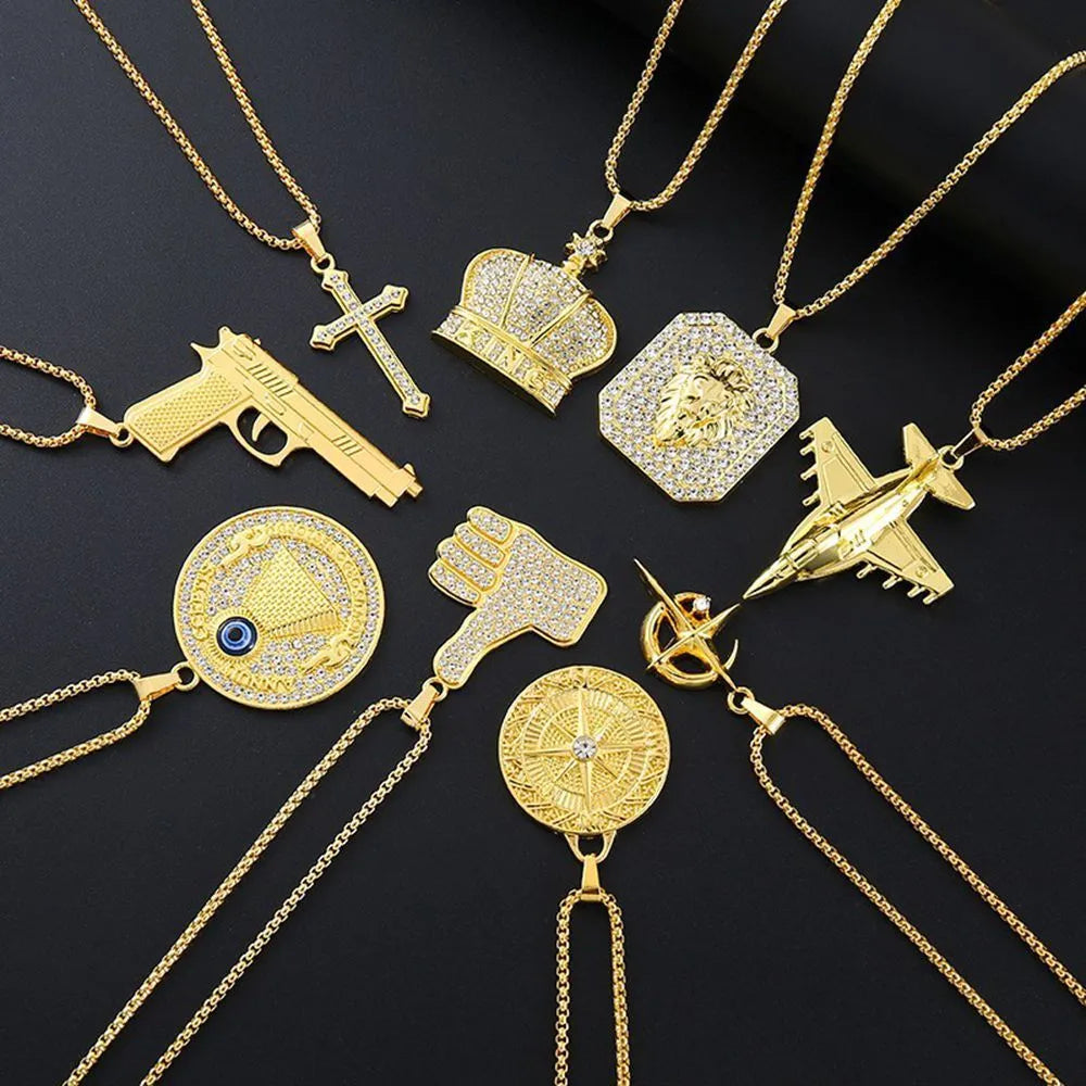 Gold-colour geometric pendant necklace for women with a clear inlaid zircon stone.