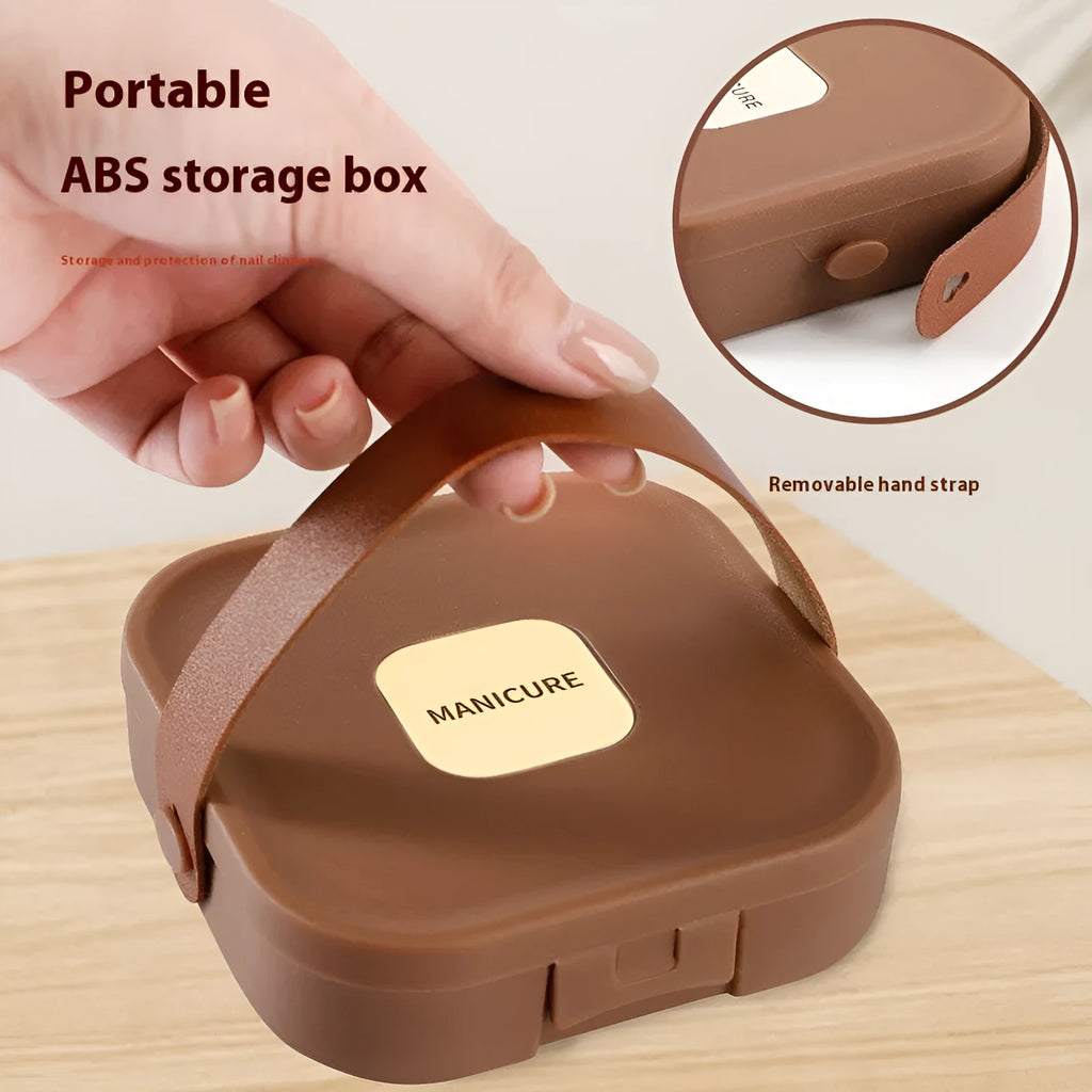 Portable anti-splash nail maintenance kit with multiple stainless steel tools in brown, white and green colours