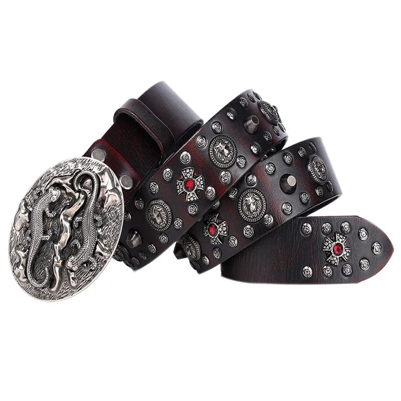Men's black genuine leather belt with punk rivet details and a silver alloy smooth buckle.