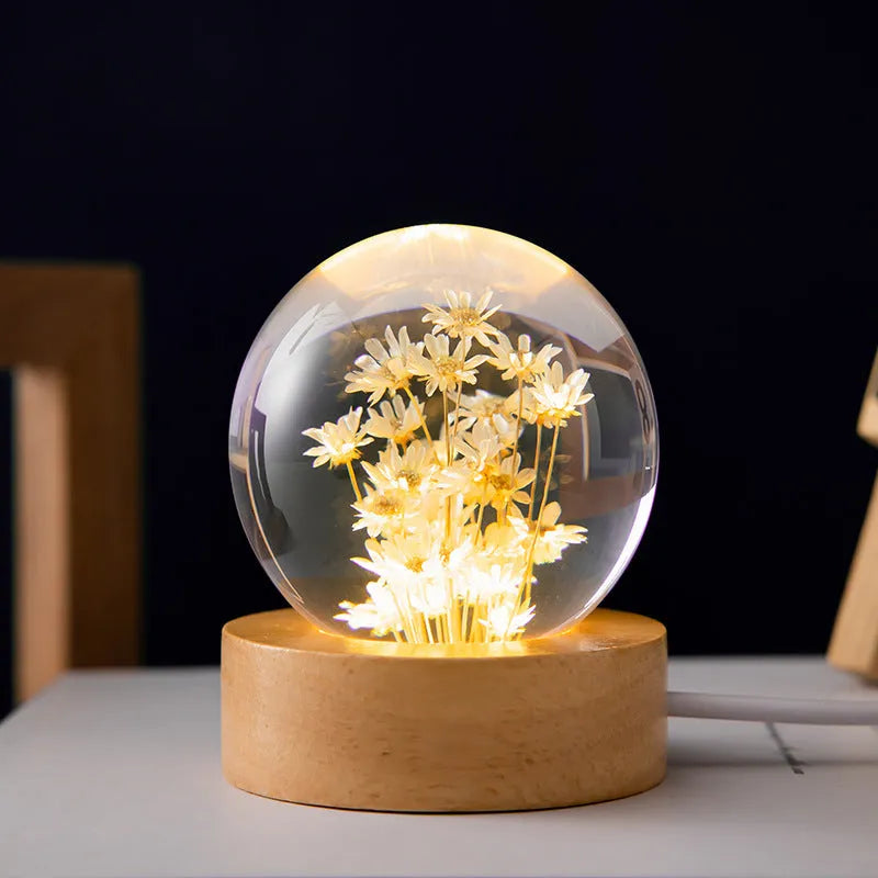 3D dandelion crystal ball USB night light on a beech wood stand base.