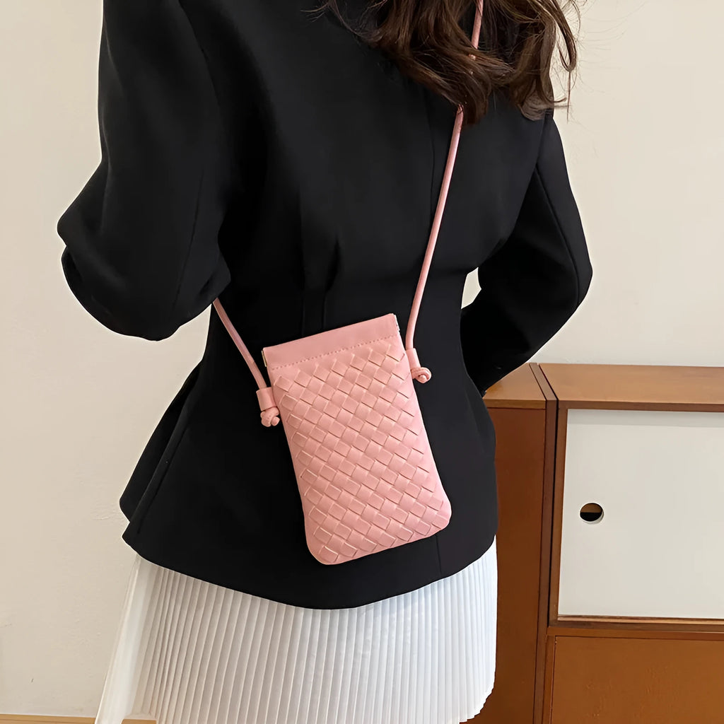 Vintage weave pattern PU leather crossbody phone bag in vertical square shape showing dark cell interior
