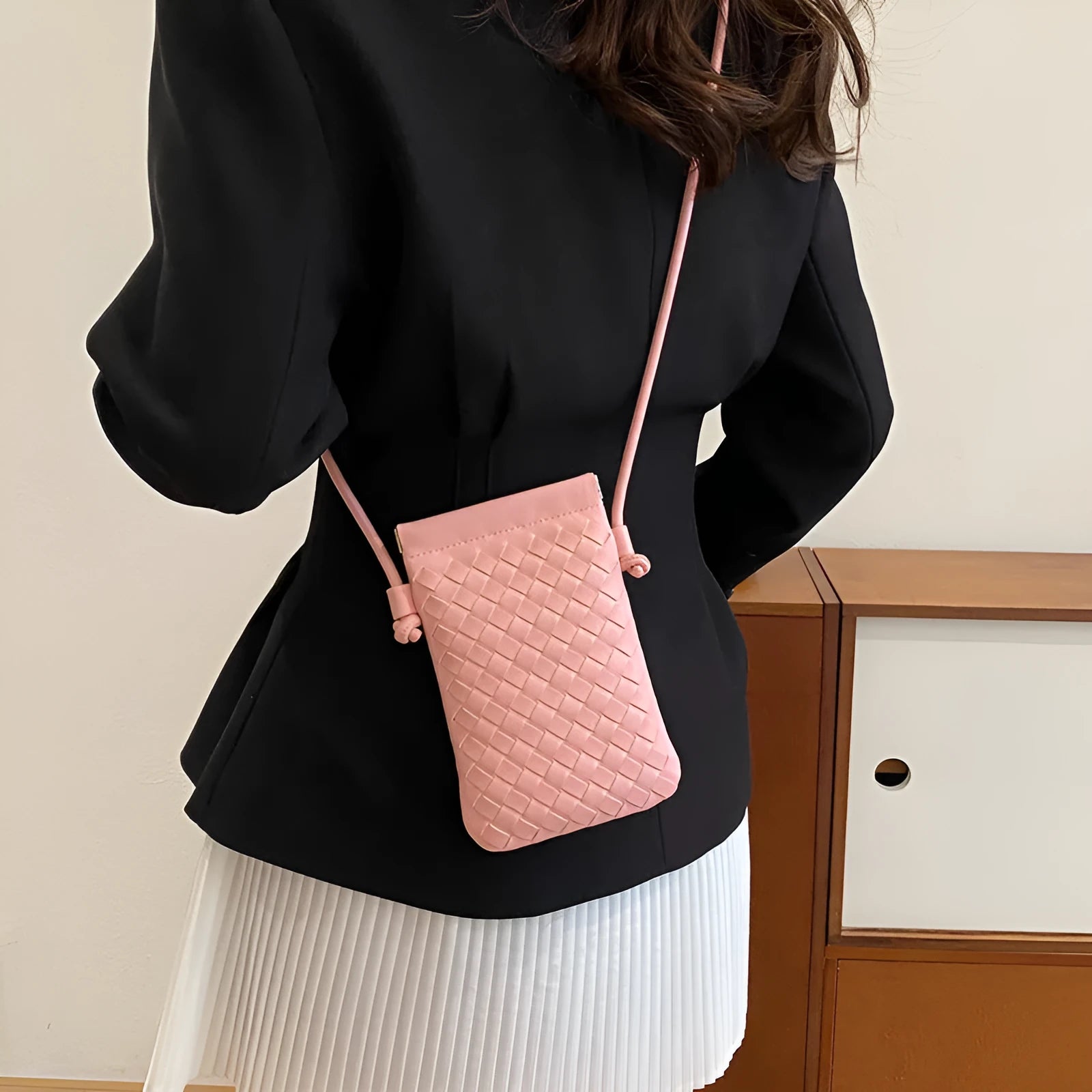 Vintage weave pattern PU leather crossbody phone bag in vertical square shape showing dark cell interior