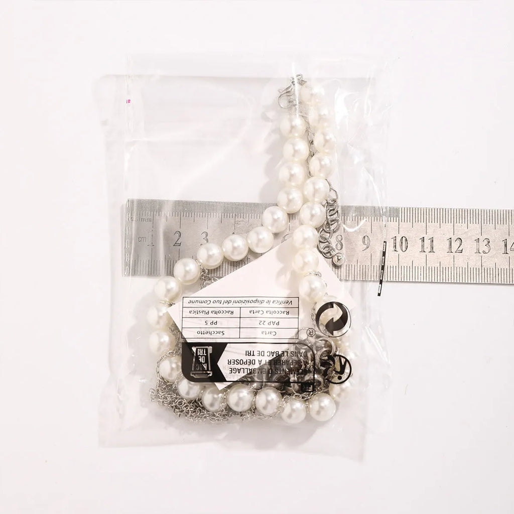 Double-layer imitation pearl tassel necklace with iron pendant and ball bead chain in white K colour