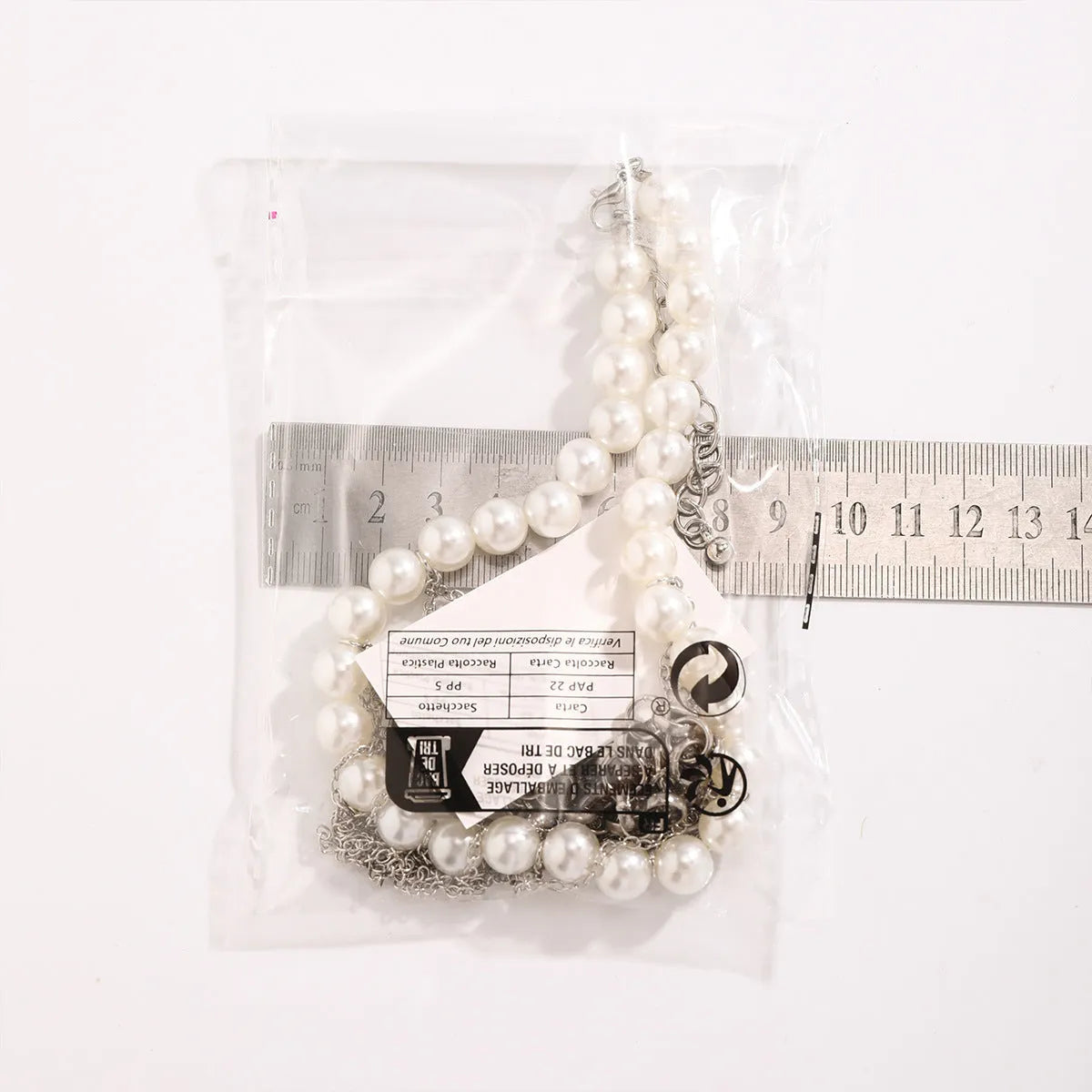 Double-layer imitation pearl tassel necklace with iron pendant and ball bead chain in white K colour