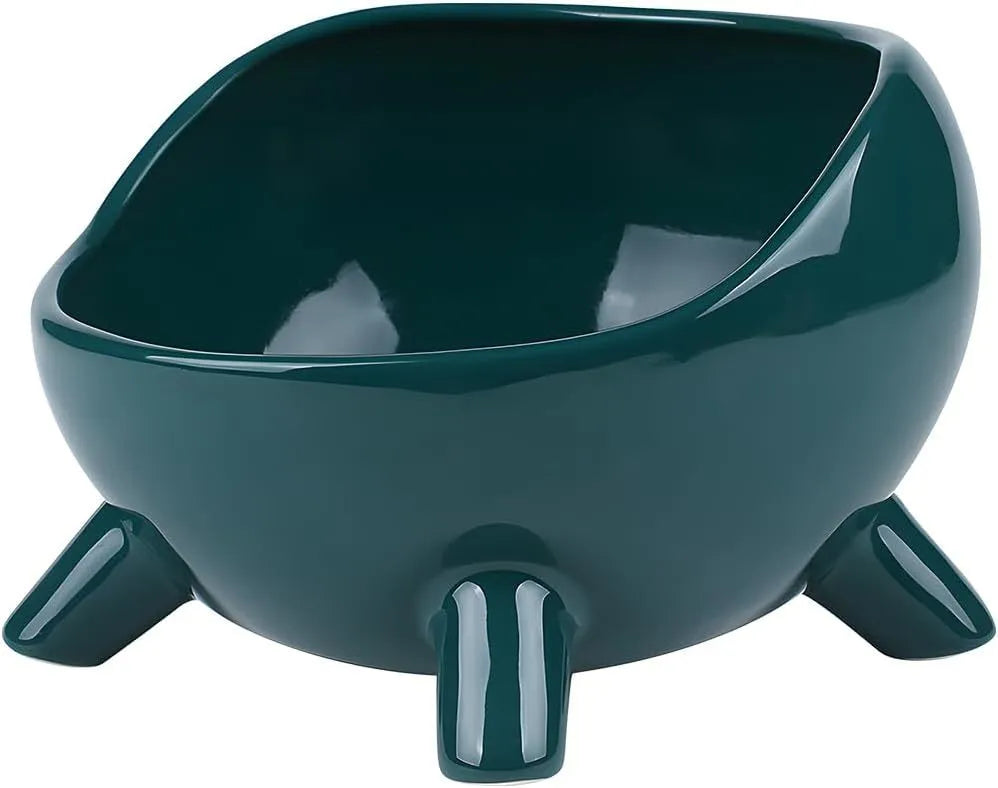 Ceramic pet bowl with four legs, wide mouth, and rounded arc design in green colour