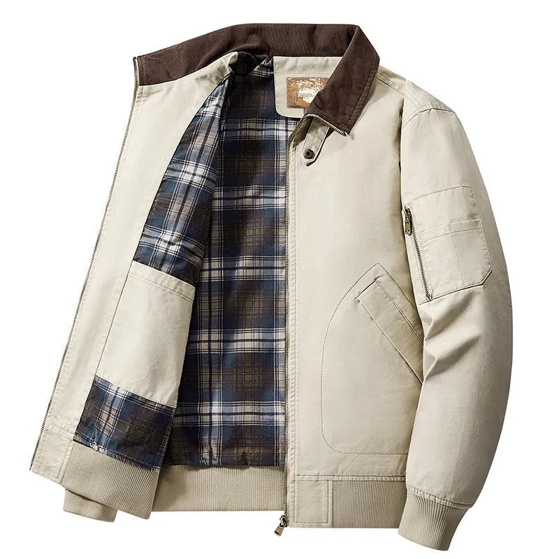 Men's plus-size washed cotton baseball jacket in army green colour
