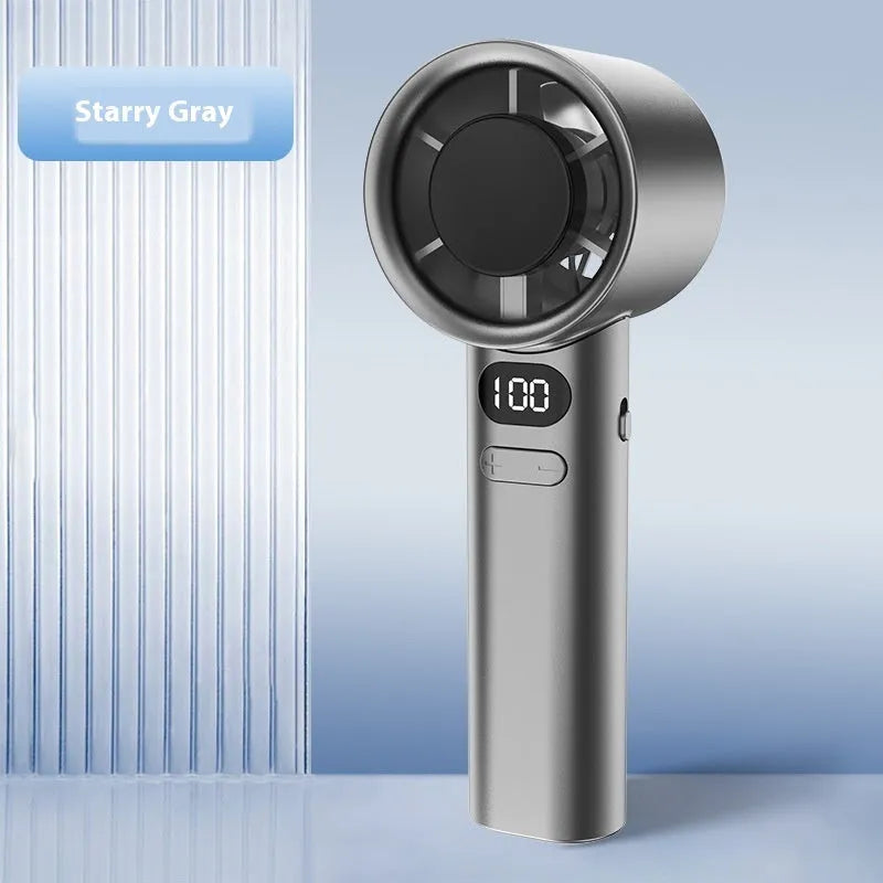 USB handheld fan with variable speed control in green colour showing plastic blades and brushless motor design
