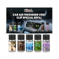 Pack of five 10ml bottles of car air freshener refill liquid for vent clips, showing different scent labels.