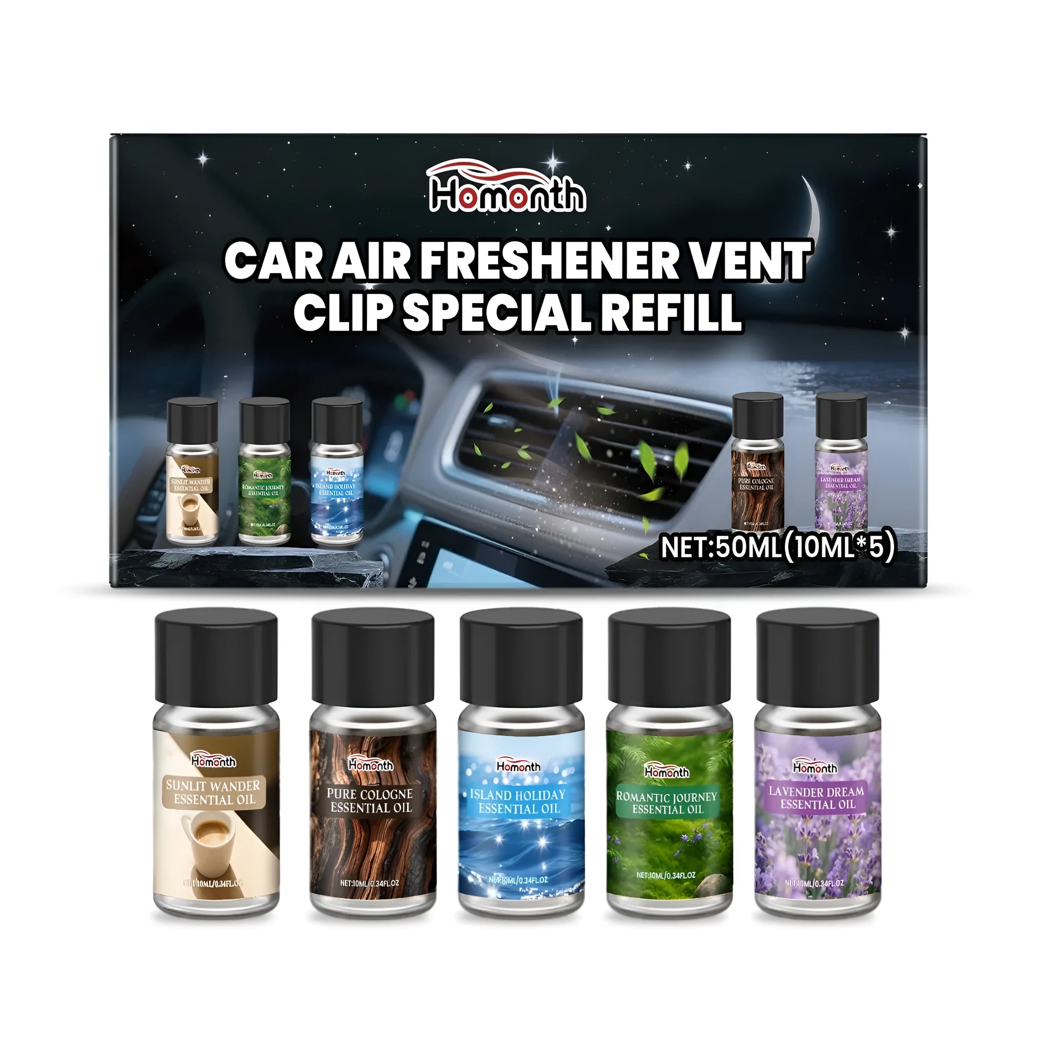 Pack of five 10ml bottles of car air freshener refill liquid for vent clips, showing different scent labels.