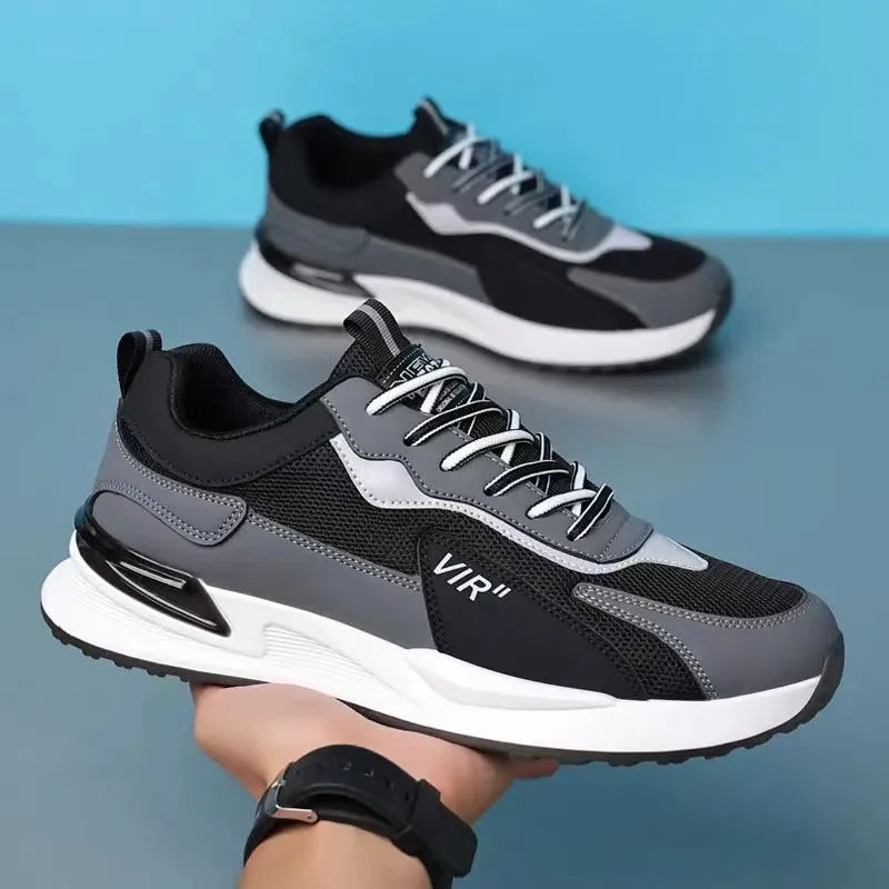 Men's colour block mesh lace-up sneakers in low-top style with round toe.