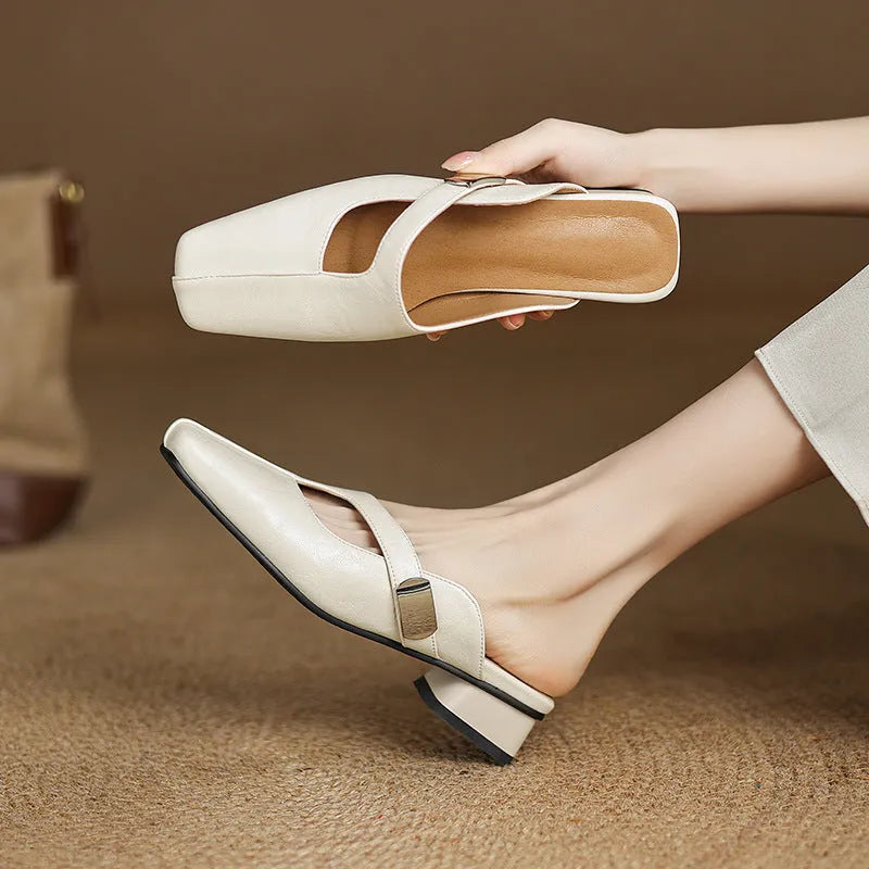 British style square toe leisure slippers in black, beige, and silver colours with low heel design