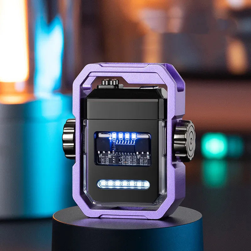 Blue arc lighter with dual plasma flame and mechanical gyroscope, showing folded and extended positions