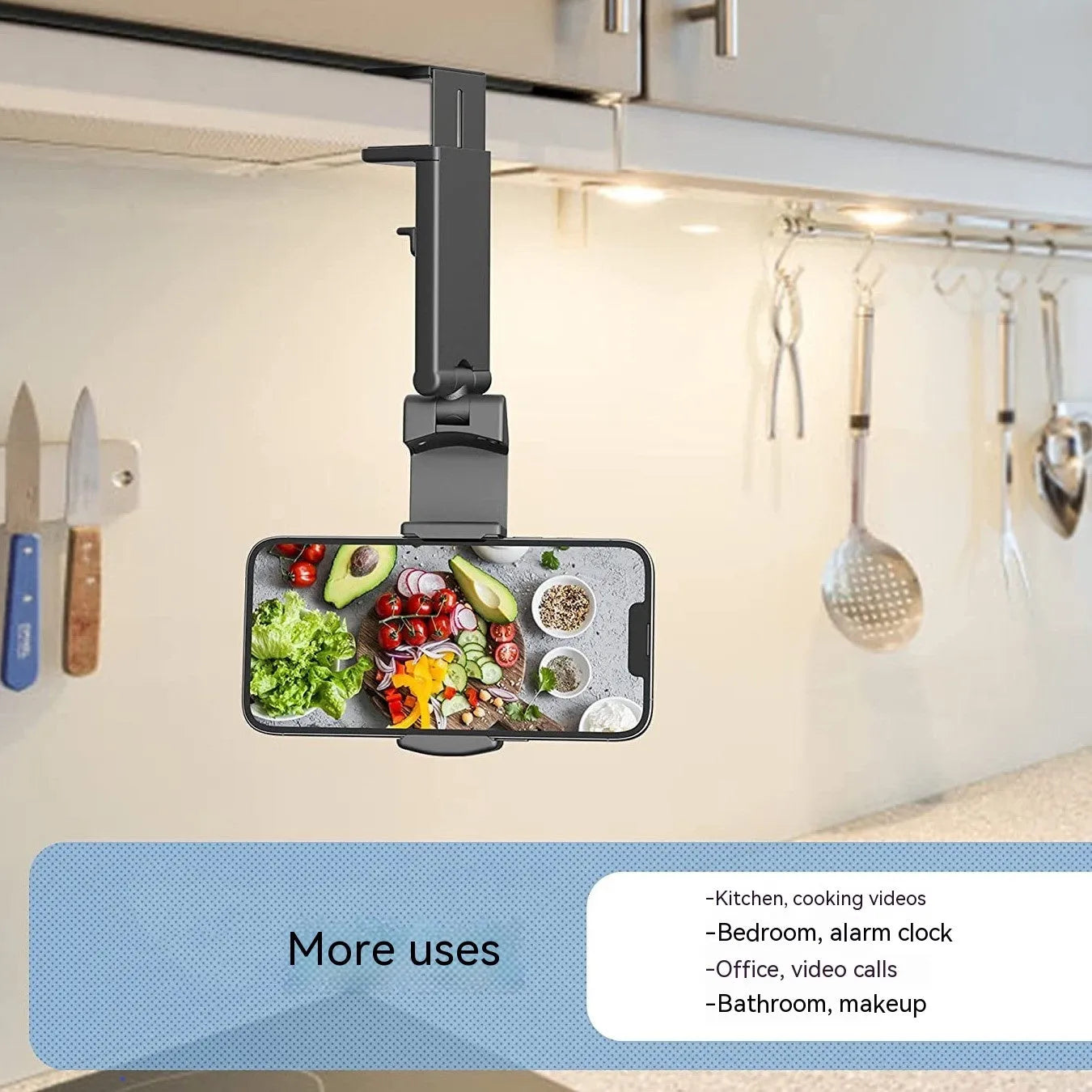 Universal foldable rotating phone holder in black, showing adjustable angle mechanism