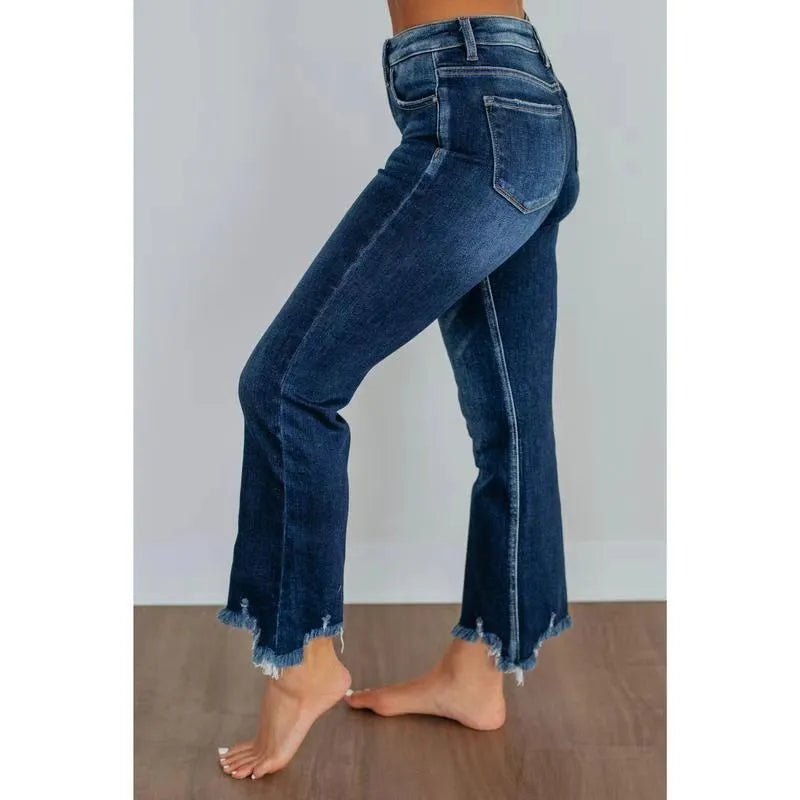 Women's casual denim trousers in dark blue or light blue with hand-worn detailing and five-pocket design