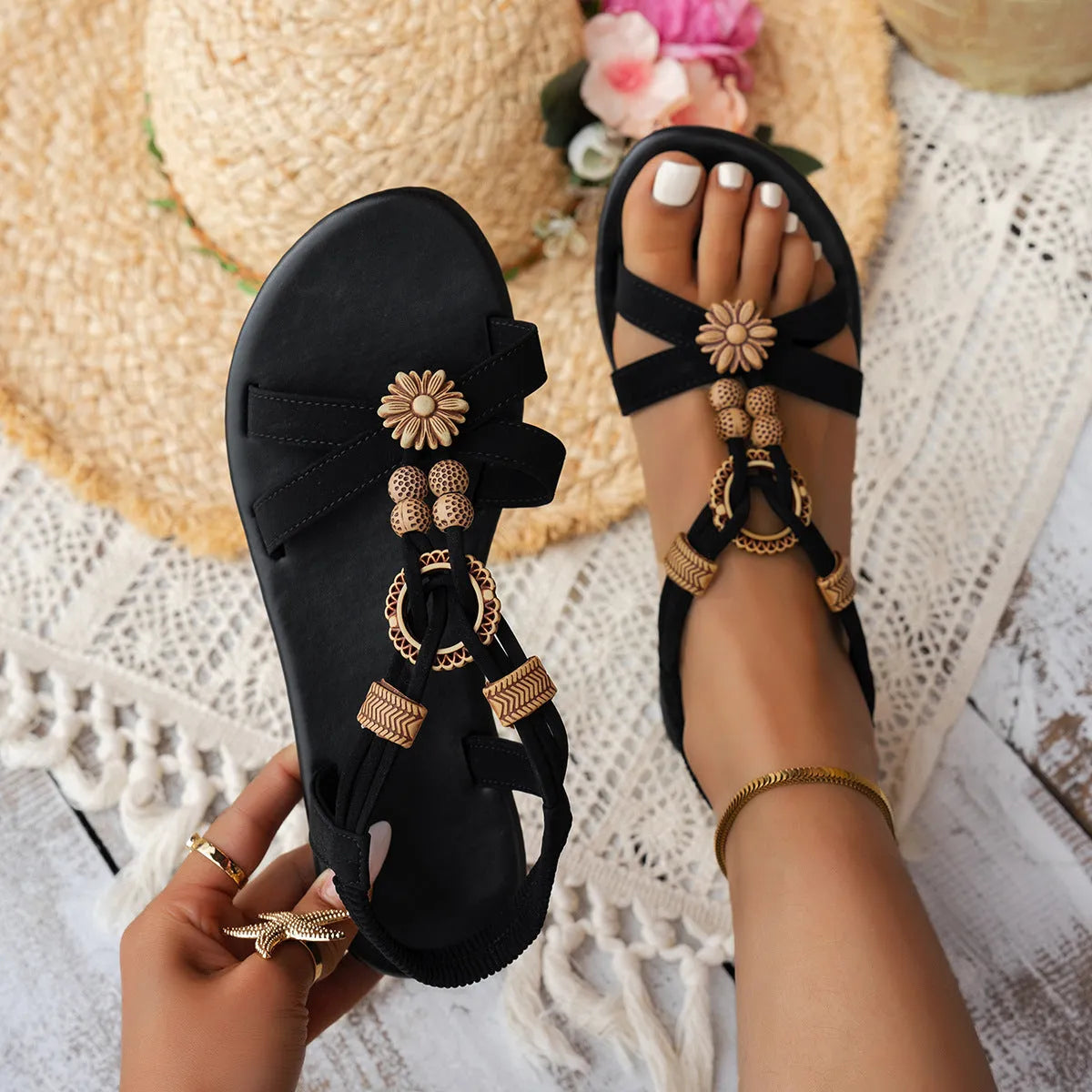 Black women's ethnic style flat sandals with beaded weave pattern and elastic band