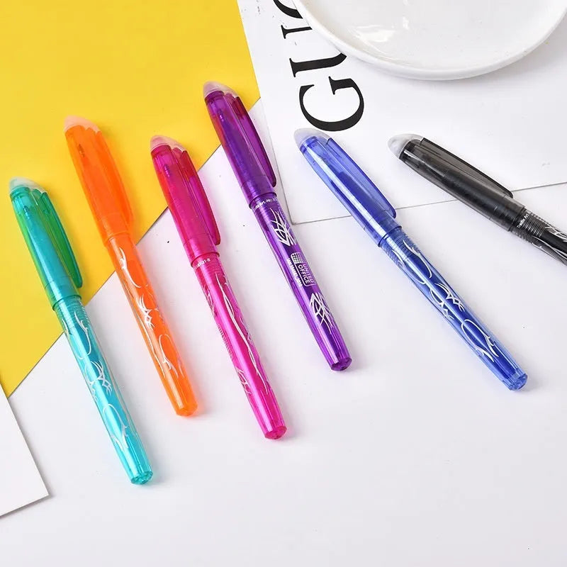Set of heat-erasable gel pens with plastic shells and stainless steel nibs, showing 0.5mm and 0.7mm tip options.