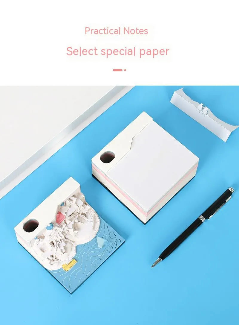 Santorini 3D notepad paper carving building model with 166 pages on desk