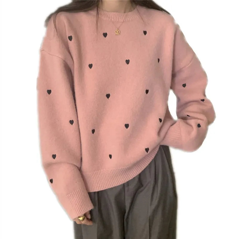 Women's loose fit embroidered pullover sweater in milky white, gray, or pink colour