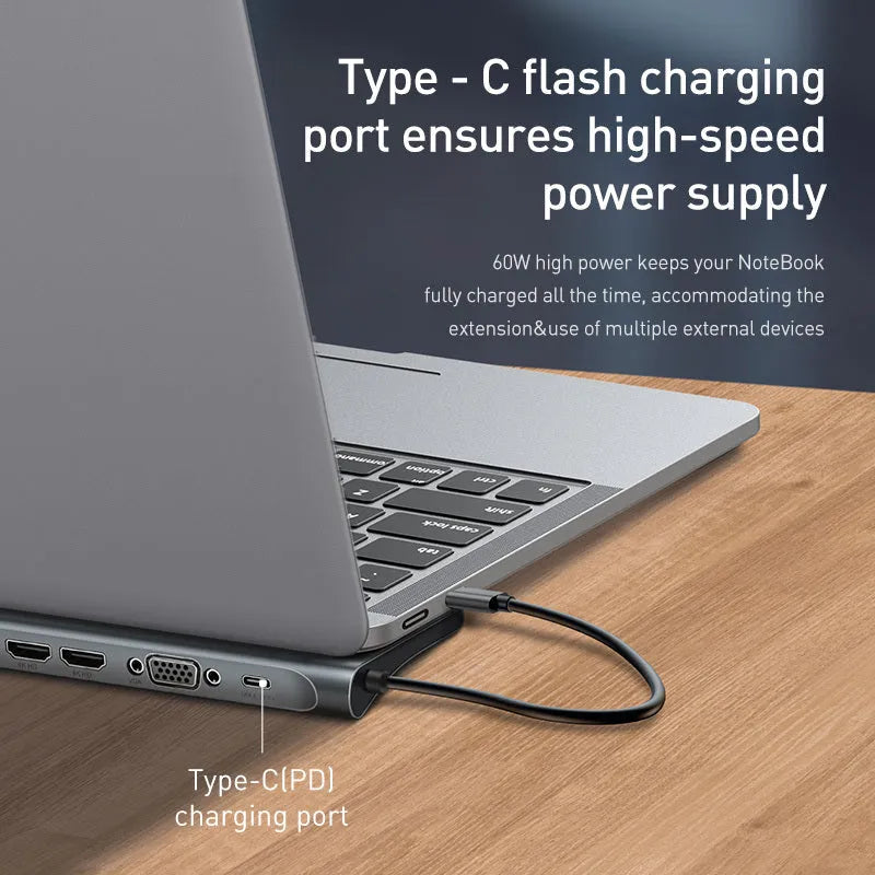 Grey aluminium alloy laptop docking station cooling bracket with ten-port connectivity hub.