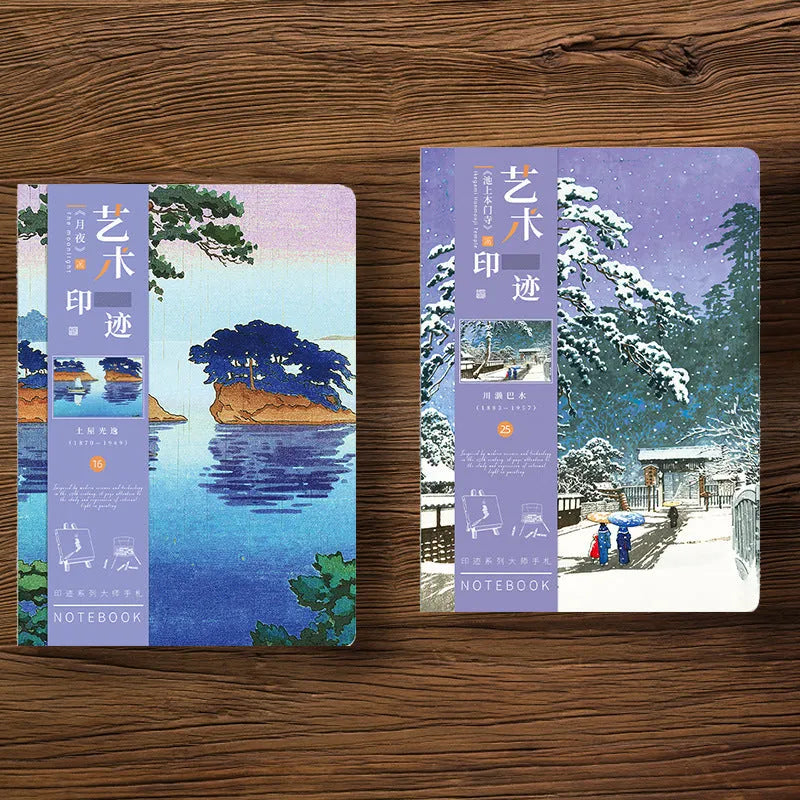 Ukiyo-e Kanagawa surfing scene hand ledger notebook showing retro style and dimensions
