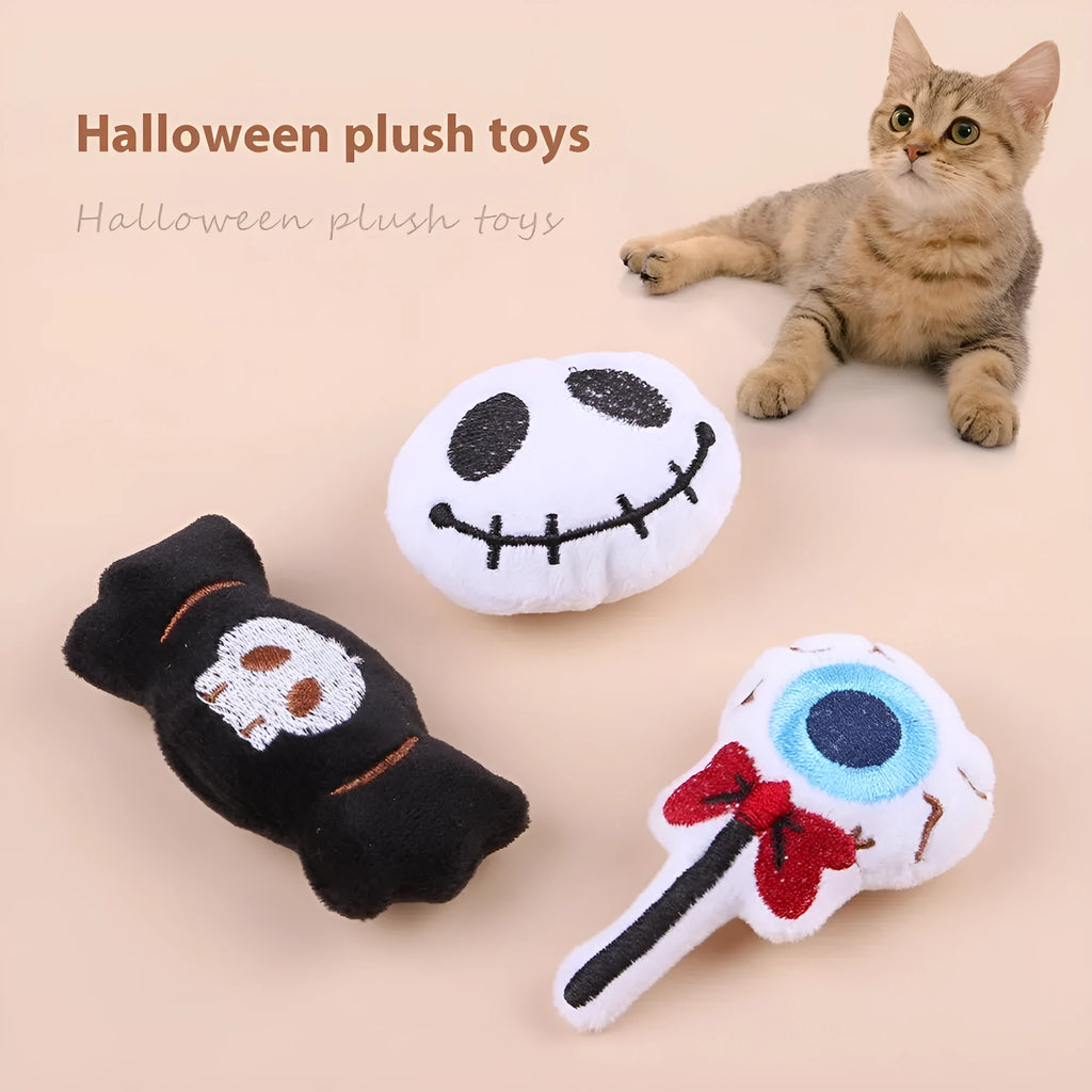 Small plush cat teaser toy with feather wand attachment in candy design