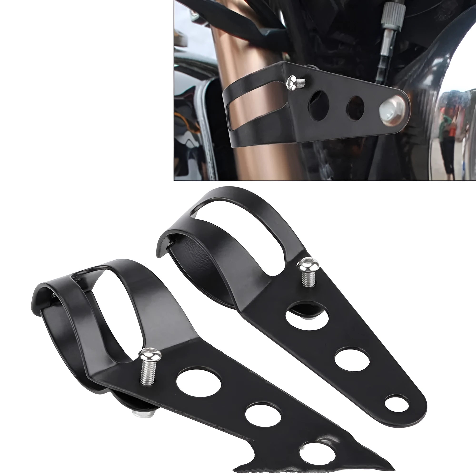 A pair of black iron motorcycle headlamp support brackets for retro bike modification.