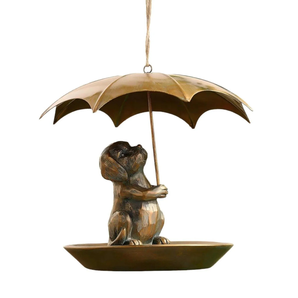 Umbrella shaped bird feeder in cat colour option, 10x10x9cm, casting construction, on a wooden table