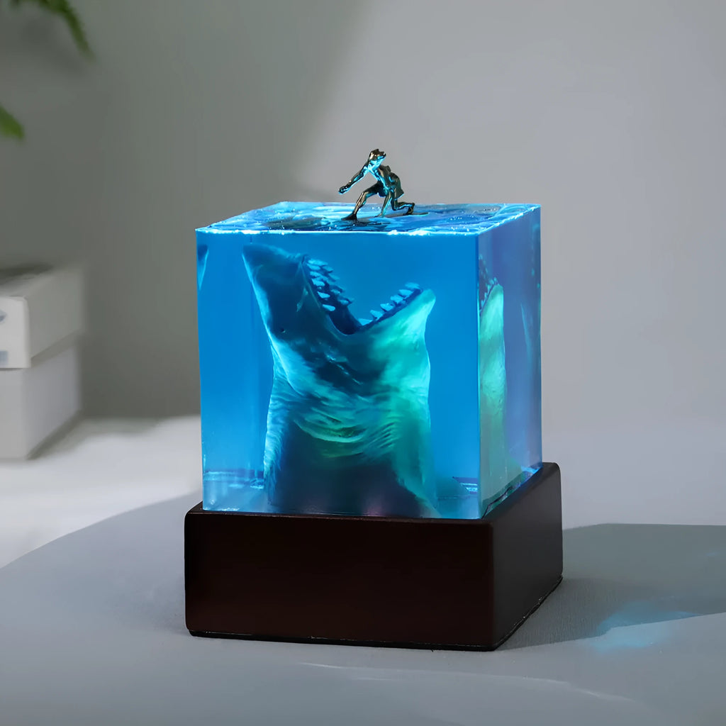 Shark surfing micro landscape night light in clear resin with lamp holder available in 5cm and 8cm sizes