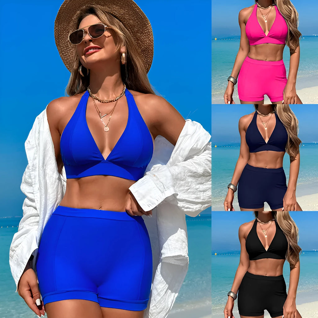 Women's black bikini swimsuit with split design for swimming and hot spring use