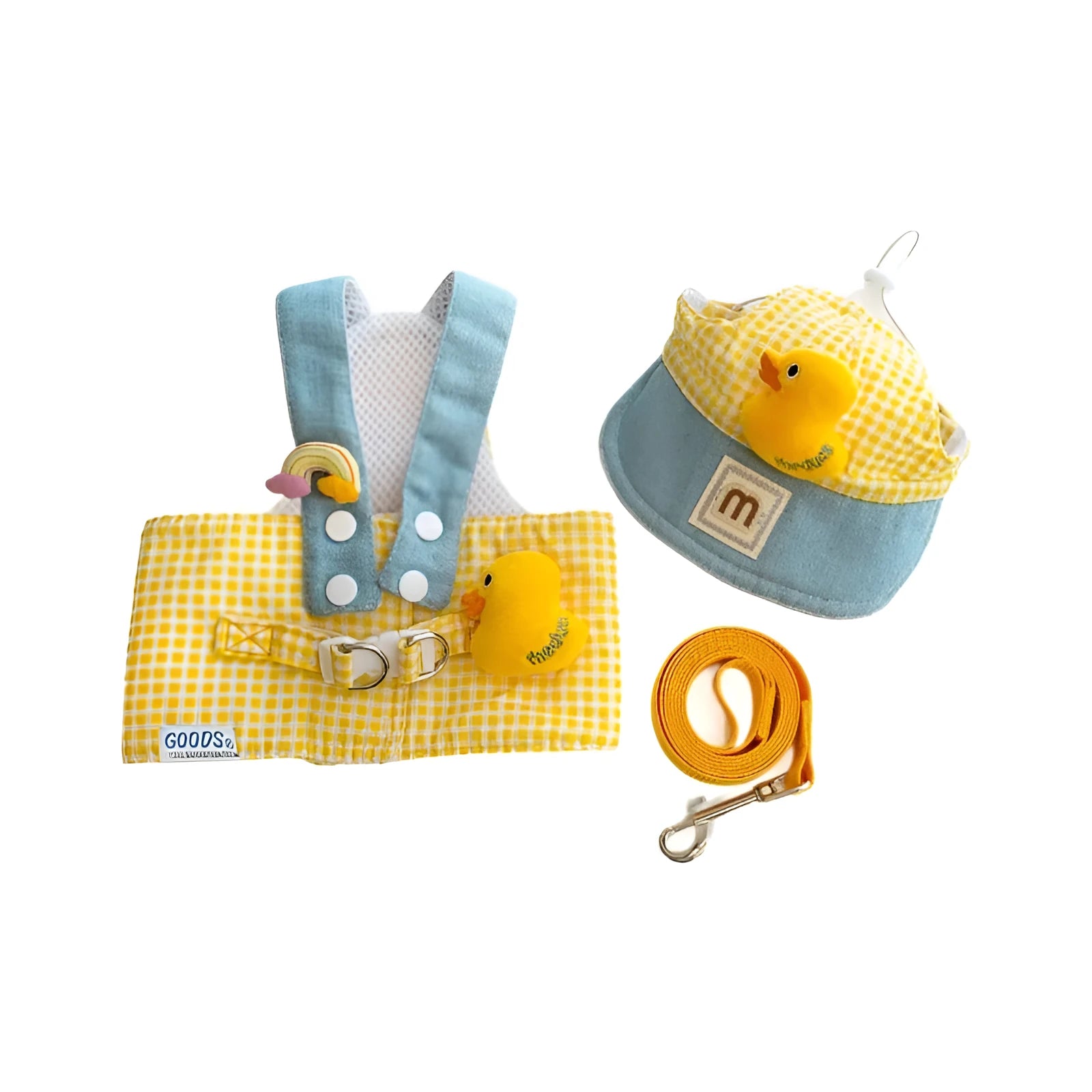 Pet harness and leash set with wire rope pulling toy, cute hat, and cat clothes on a dog and cat.