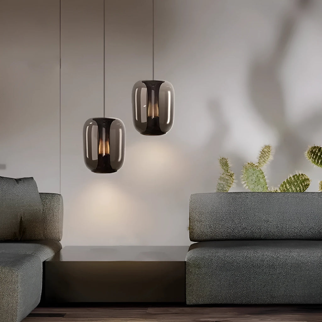 Nordic minimalist chandelier with glass shade in clear, cognac, or smoky grey colour