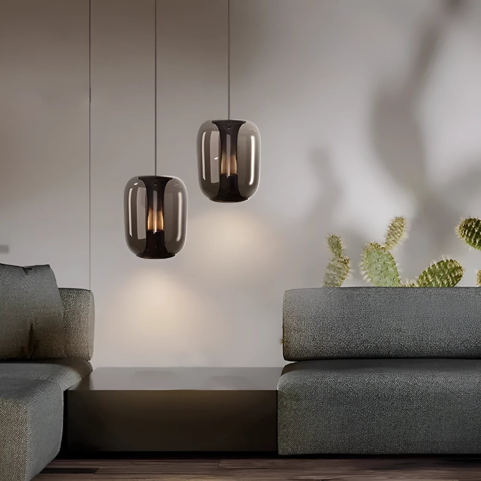 Nordic minimalist chandelier with glass shade in clear, cognac, or smoky grey colour