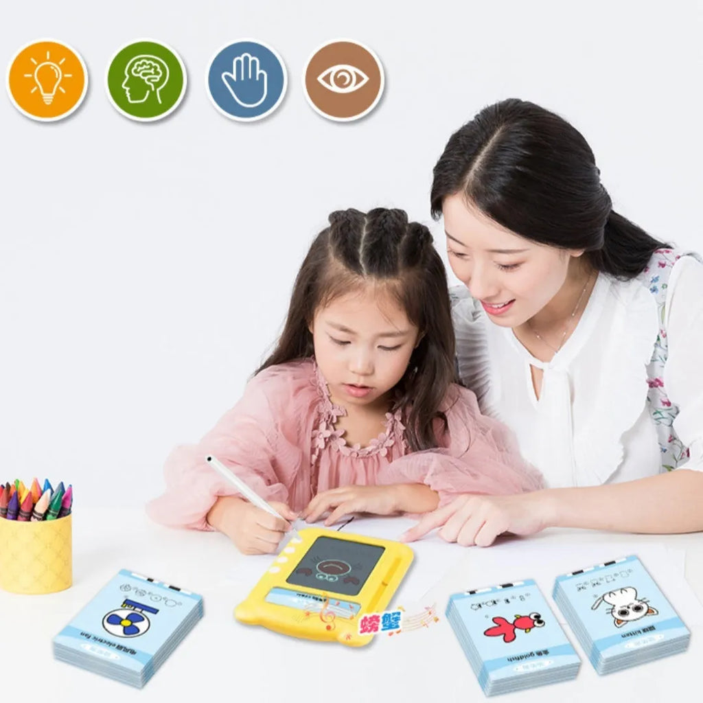 Yellow ABS plastic bilingual early learning machine with creative stick figure design and educational card sets
