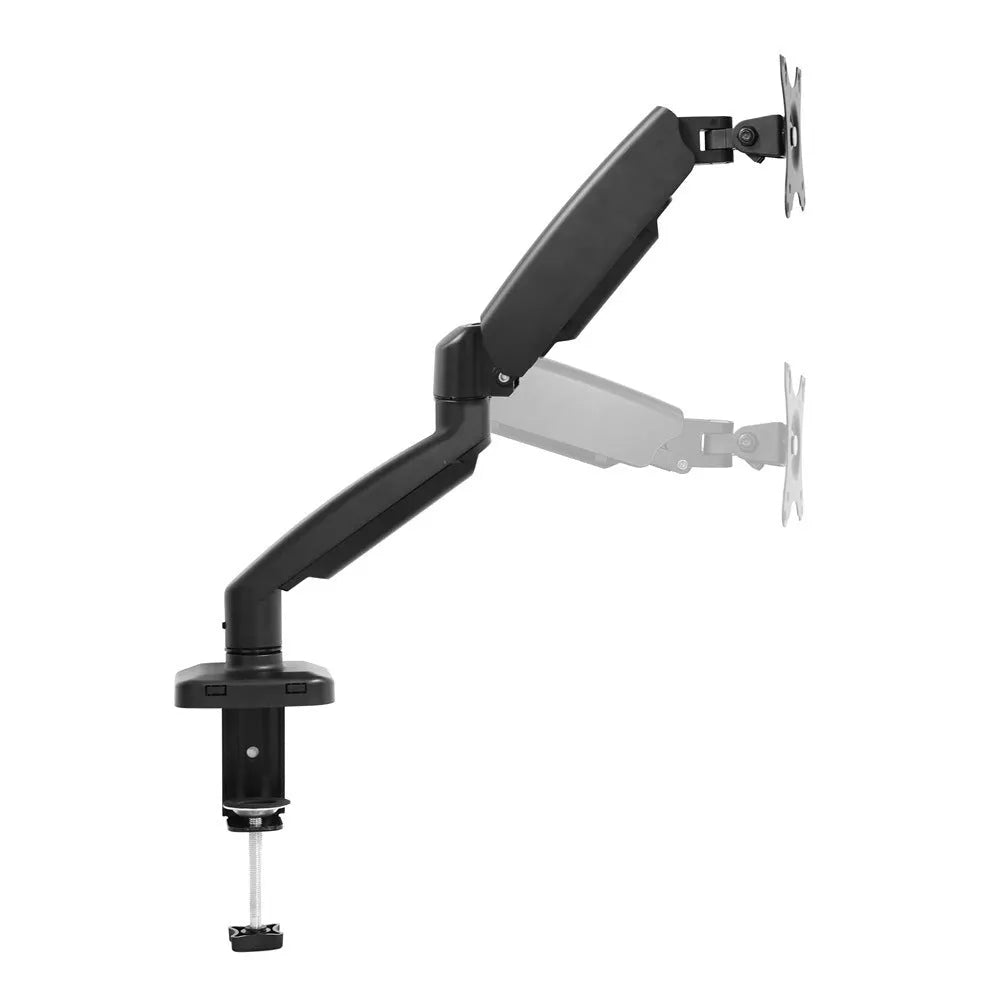 Black rotating telescopic LCD screen bracket elevated on desk with adjustable height and tilt