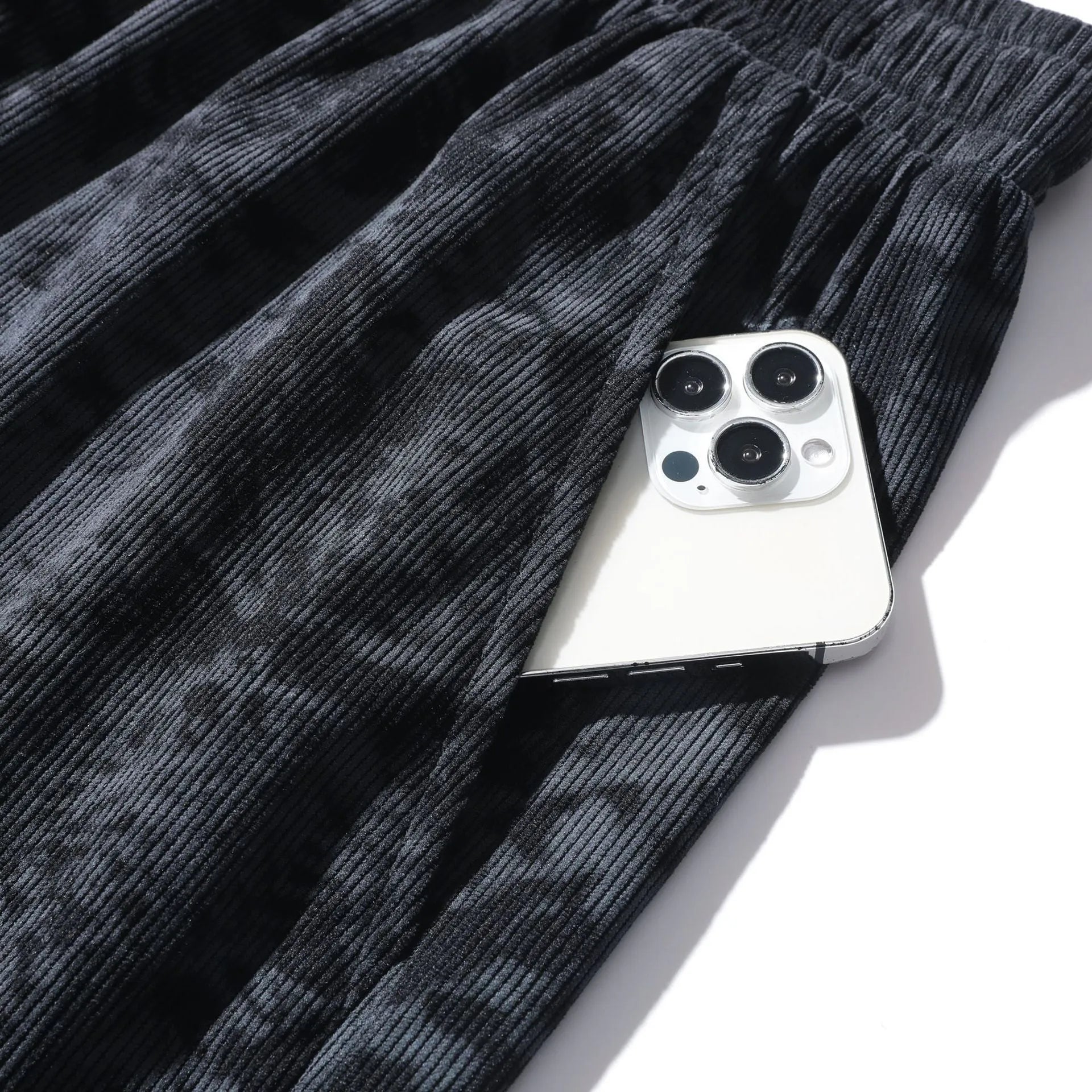 Men's camouflage corduroy athletic shorts with high waist and straight fit in white gray and black colors