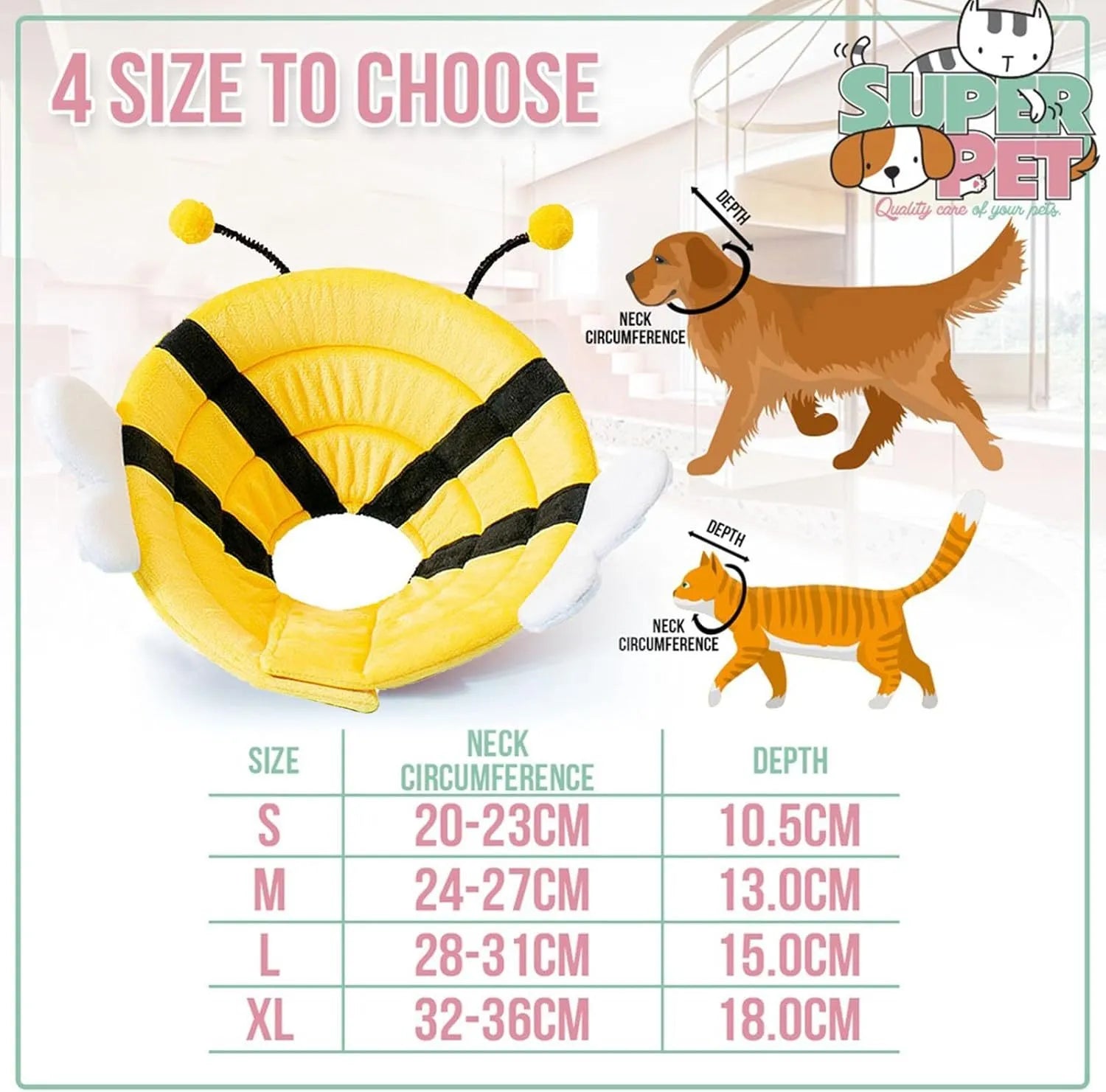 Soft bee design cat cone collar with velcro closure in adjustable sizes