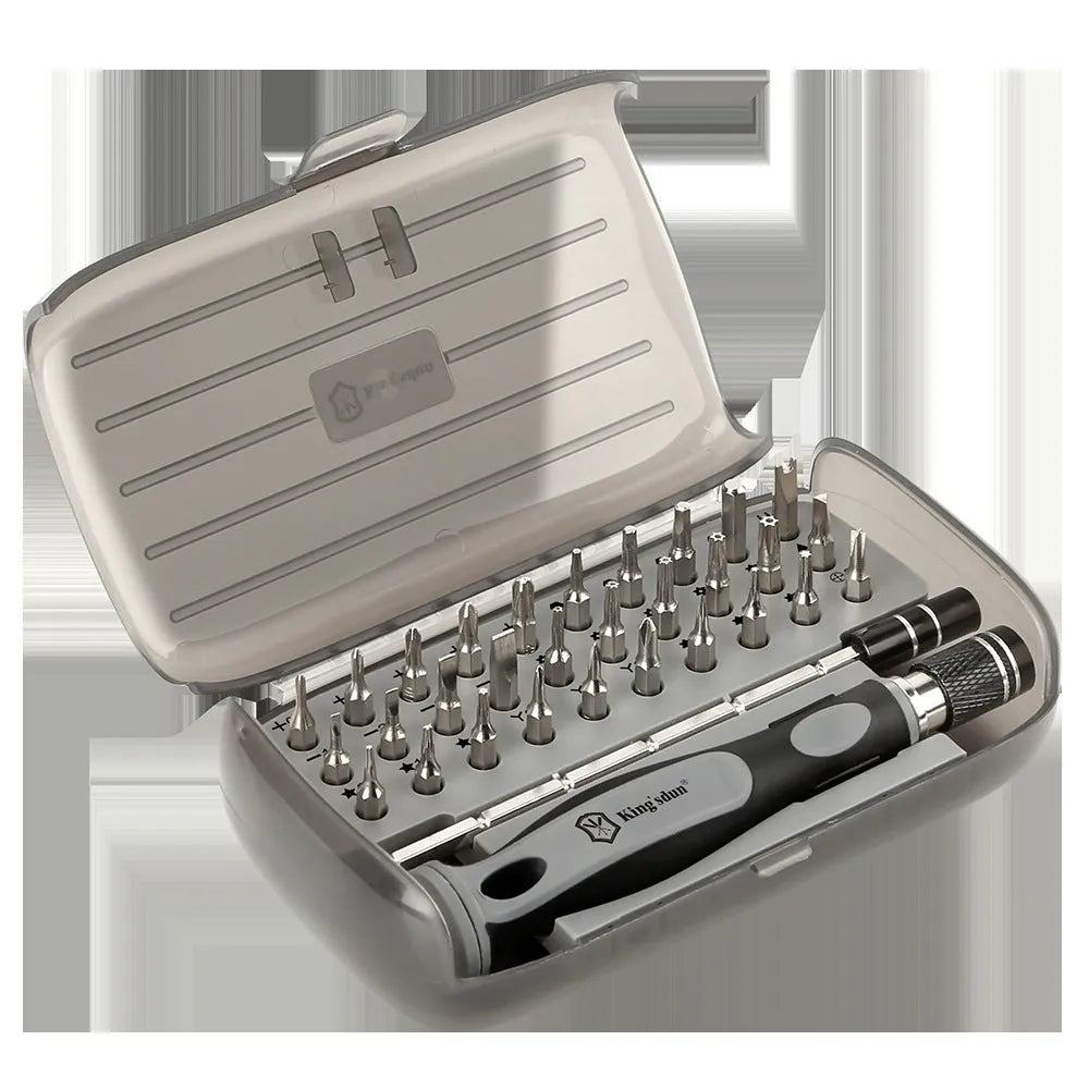 32-in-1 screwdriver set with 30 CRV bits in grey PP plastic storage case measuring 130x75x37mm
