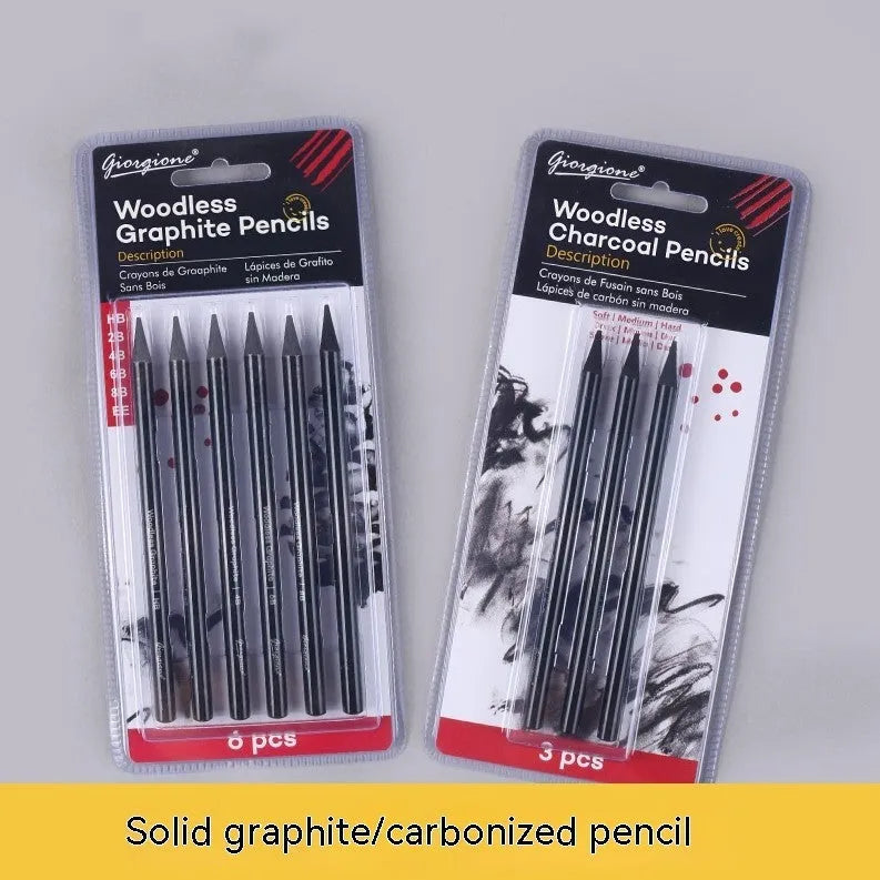 Solid graphite and carbonised artist pencil set with wooden shells for drawing and sketching