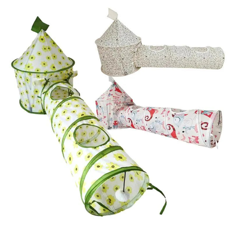 Cat play tunnel folding interactive bunny tent with black and white kitten pattern, made of polyester and canvas, with tunnel attached