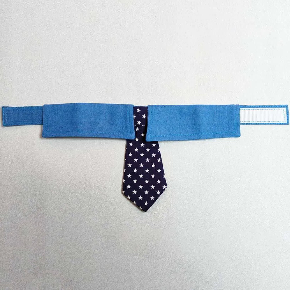 Denim dog collar with star pattern design showing adjustable fastener tape and bow/tie style options