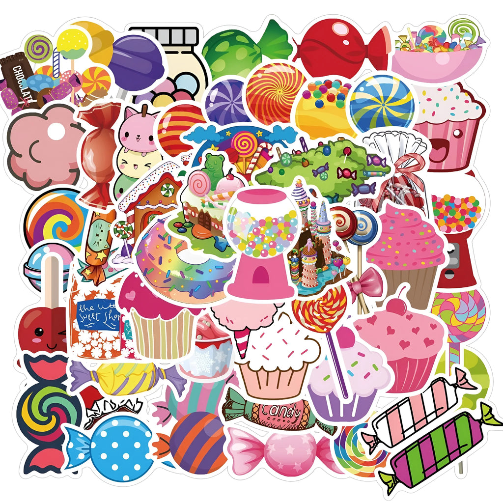 Pack of 50 colourful candy graffiti cartoon stickers measuring 4-6cm
