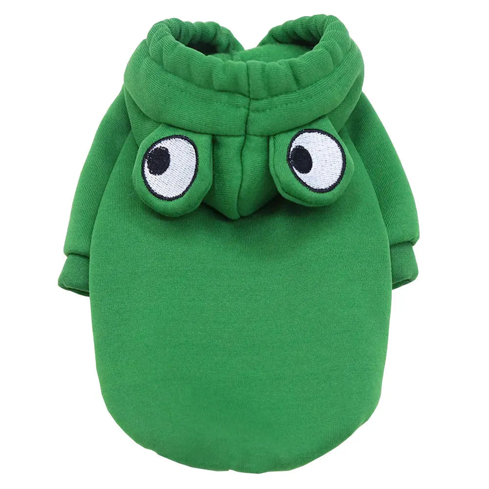 Green frog costume pet hoodie on small dog showing frog pattern design and hood
