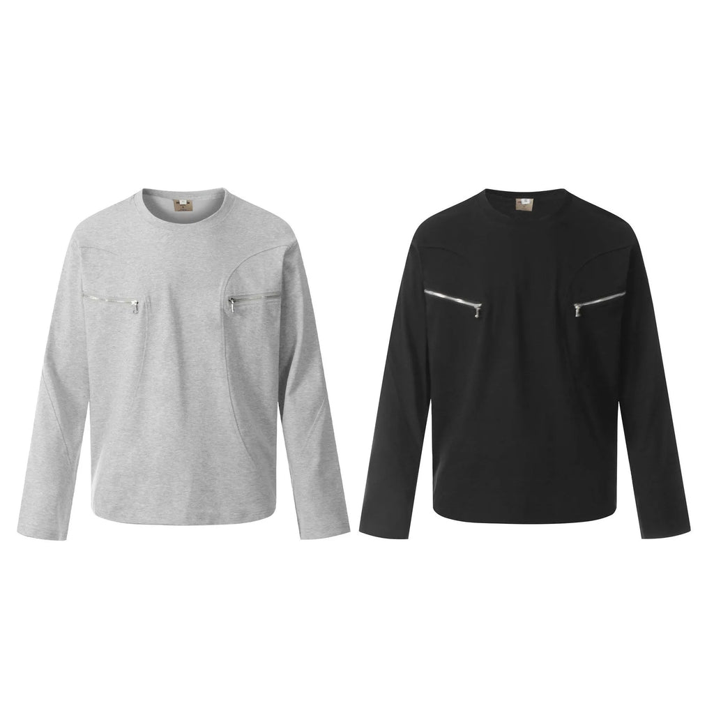 Men's loose fit black and grey cotton long sleeve casual T-shirt on a hanger.