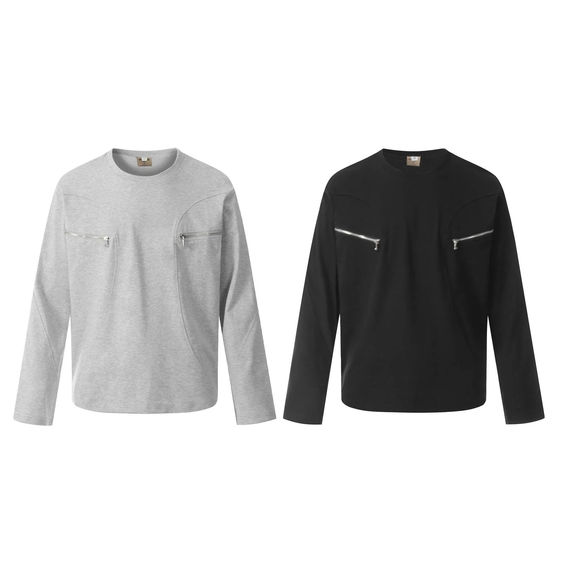 Men's loose fit black and grey cotton long sleeve casual T-shirt on a hanger.
