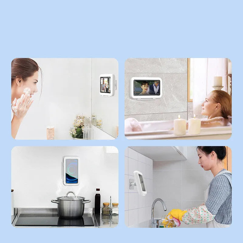 Waterproof phone holder for bathroom and kitchen with touch screen and anti-fog window