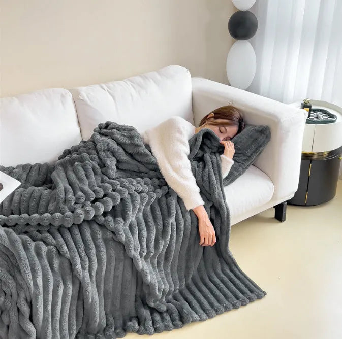 Soft Wind bubble velvet double-sided thickening blanket in a solid colour, shown folded to display its faux rabbit fur texture.
