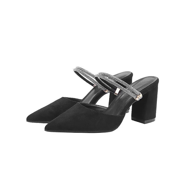 Women's thick heel toe box plus size high heel shoes in suede with pointed toe