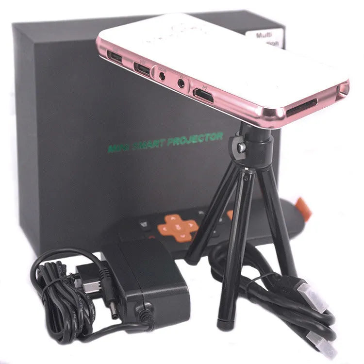 M6S miniature portable Android DLP projector in white rose gold finish showing compact dimensions