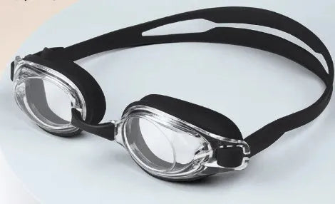 Black myopia corrective swimming goggles with HD waterproof lenses and a storage case.